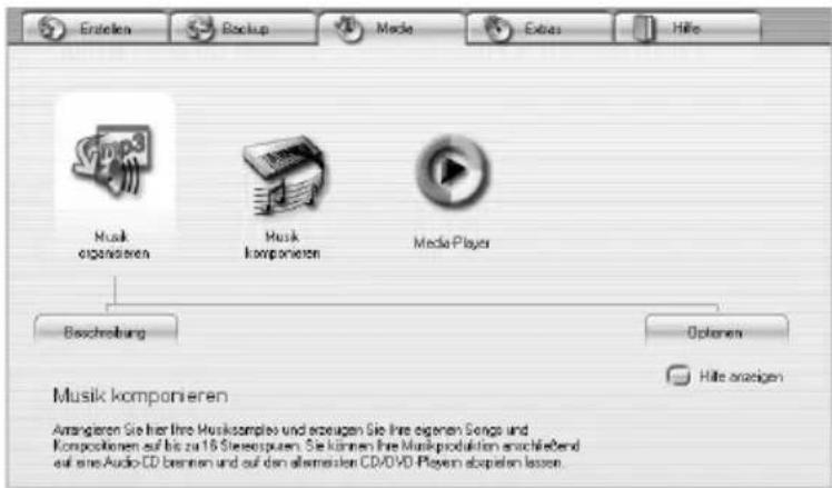 Entstellen Backup Media Extras Hille Musik organieren Musik komponieren Media Player Beschreibung Optoren Hille anzeigen Musik komponieren Arrangieren Sie hier ihre Musiksamples und erzeugen Sie ihre eigenen Songs und Komponieren auf bis zu 16 Stereoupten. Sie können ihre Musikproduktion anschließend auf eine Audio CD breiten und auf den alternaten CD/DVD-Playem aboperten lassen.