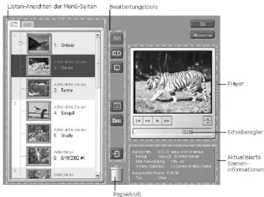 Listen-Anslichten der Menü-Seiten Bearbeitungstools 1: Ontario A Day at the Zoo and 2: Simba A Day at the Zoo and 3: Tantor A Day at the Zoo and 4: Seagull A Day at the Zoo and 5: Giraffe Weatherfall and 6: 8/19/2002 # Waterfall and Player Abbrechen Schieberegler Danzar Film 0.02.30 Viozur, 0.01.00 minus Format: Volacoo 00-FANY 60MB Disk-Verwaltung: 1.0% Vol Andere Staatland: 12 Szenen, 6 Menu-Satien Ausgewinne Scene: 0.00.00 Trip: Valap Aktualisierte Szenen- Informationen Papierkorb