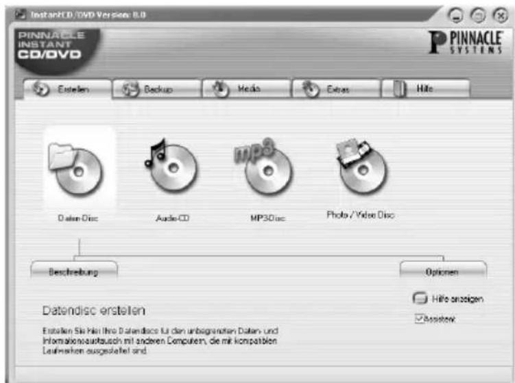 InstantCD/DVD Version 8.0 PINNACLE INSTANT CD/DVD Pinnacle SYSTEMS Estellen Backup Media Extras Hite Dalen Disc Audio-CD MP30 disc Photo / Video Disc Beschreibung Optionen Hille anzeigen Assistenz Datendisc erstellen Estellen Sie hier ihre Datendiscs für den unbegrenaten Daten- und Informationsaufzusch mit anderen Comptiken, die mir kompatien Laufmarkten ausgestellt sind
