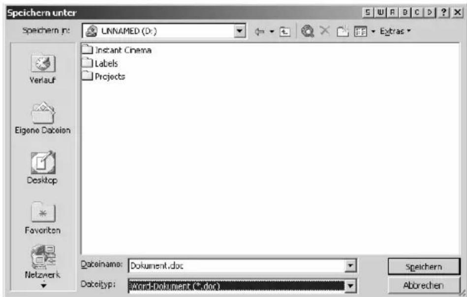 Speichern unter Speichern in: LNNAMED (D:) Instant Cinema Labels Projects Eigene Dateian Desktop Favorites Netzwerk Dateiname: Dokument.doc Dateityp: Word-Dokument (*.doc) Speichern Abbrechen
