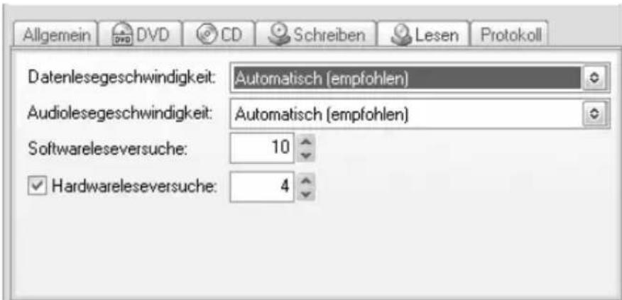 Allgemein DVD CD Schreiben Lesen Protokoll Datenlesgeschwindigkeit: Automatisch (empfohlen) Audiolesgeschwindigkeit: Automatisch (empfohlen) Softwareleseversuche: 10 Hardwareleseversuche: 4