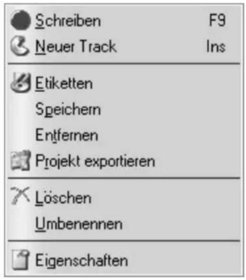 Schreiben F9 Neuer Track Ins Etiketten Speichern Entfernen Projekt exportieren Löschen Umbenennen Eigenschaften