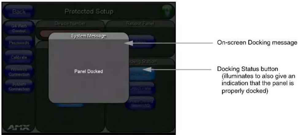 Back Protected Setup 64 Web Control Device Number Retport Panel System Message Panel Docked On-screen Docking message Docking Status button (illuminates to also give an indication that the panel is properly docked)