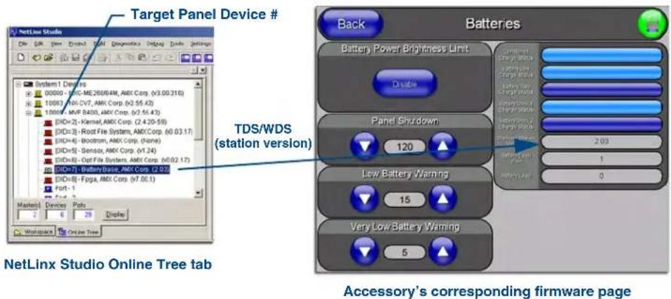 Target Panel Device # System 1 Devices 00000 - VDC-ME26U/4M, AMX Corp. (v3.00.315) 10001 - VDC-DV7, AMX Corp. (v2.55.43) 10002 - MVP B450, AMX Corp. (v7.55.43) DID=2 - Kernel, AMX Corp. (2.420-59) DID=3 - Root File System, AMX Corp. (v0.03.17) DID=4 - Woodtron, AMX Corp. (Name) DID=5 - Sensor, AMX Corp. (v1.24) DID=6 - Out File System, AMX Corp. (v0.02.17) DID=7 - BatteryBase, AMX Corp. (2.07) DID=8 - Fpga, AMX Corp. (v7.00.1) Port-1 Port-2 Back Batteries Battery Power Brightness Limit Double Panel Shutdown 120 Low Battery Warning 15 Very Low Battery Warning 5 Back Battery Power Brightness Limit Continuous Charge State Primary State Secondary State Primary State Secondary State Primary State 2.03 Primary State 1 Primary State 0 NetLinx Studio Online Tree tab Accessory's corresponding firmware page