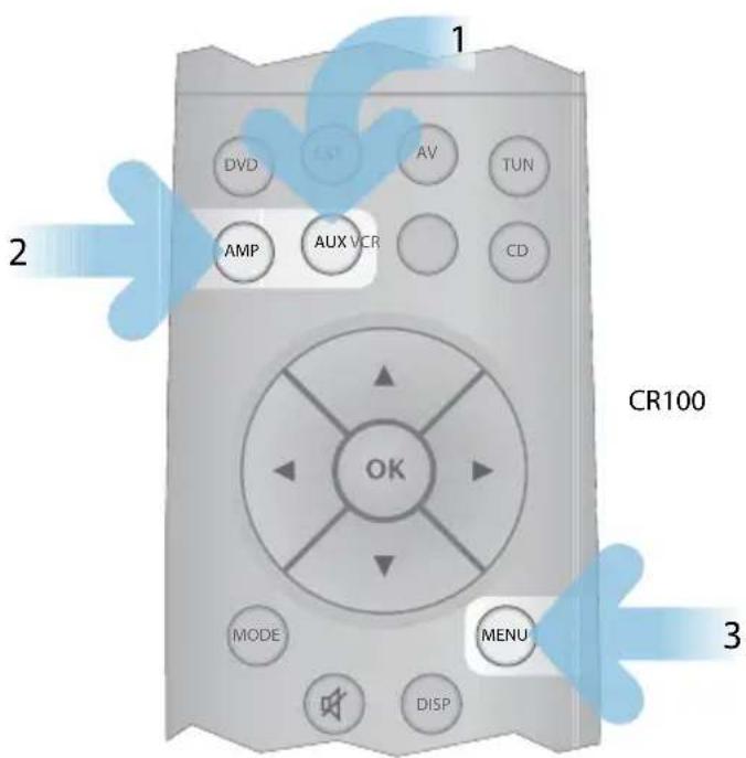 DV AMP AUX VCR AV CD OK MODE MENU DISP CR100 1 2 3