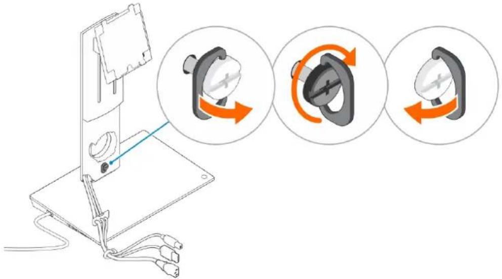 Diagram illustrating the operation of a device with three circular insets showing the device's rotation and ear.