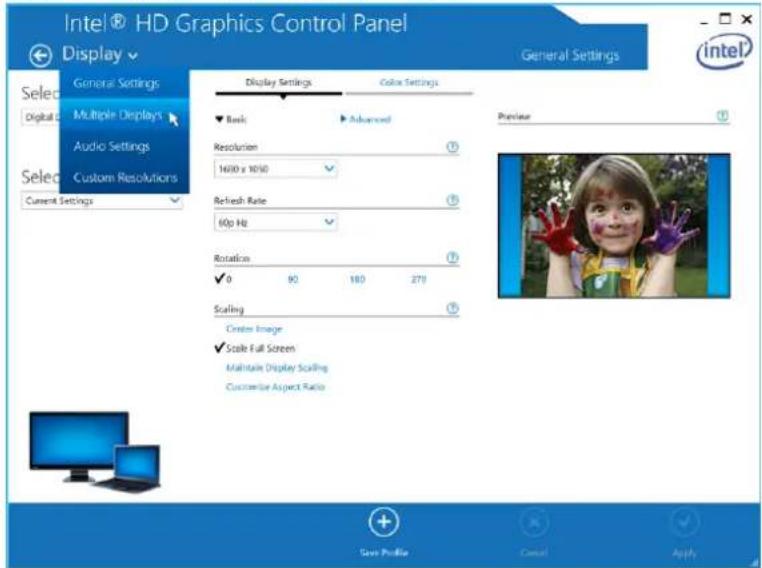 Intel® HD Graphics Control Panel Display General Settings Select: Multiple Displays Audio Settings Select: Custom Resolutions Current Settings Display Settings Color Settings ▼ Back Advanced Resolution 1600 x 1010 Refresh Rate 60p Hz Rotation ✓ 0 90 180 270 Scaling Custom Image ✓ Scale Full Screen Maintain Display Scaling Customize Aspect Ratio General Settings intel Preview Save Profile Cancel Apply