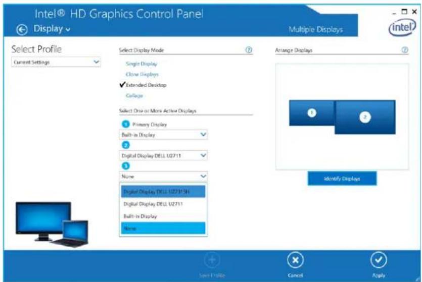 Intel® HD Graphics Control Panel Display Multiple Displays Select Profile Current Settings Select Display Mode Single Display Clone Displays ✓ Extended Desktop Collage Select Drive or More Active Displays 1 Primary Display Built-in Display 2 Digital Display DELL U2711 3 None Digital Display DELL U2711SH Digital Display DELL U2711 Built-in Display None Arrange Displays 1 2 Identify Displays Save Profile Cancel Apply