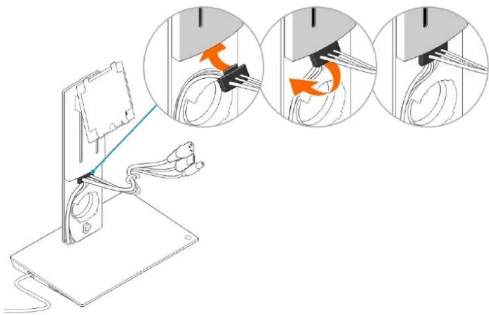 Diagram illustrating cable installation steps with magnified views showing cable routing and cable connection mechanism
