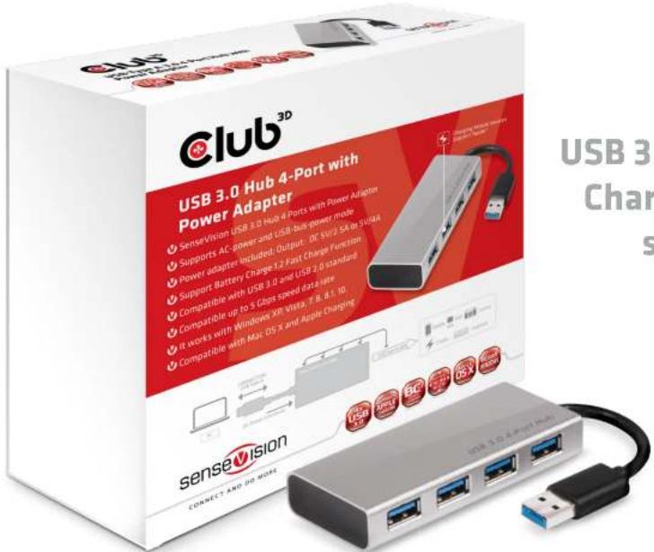 CLUB3D CSV-1431 - SenseVision USB 3.0 Hub 4-Port with Power Adapter - 2