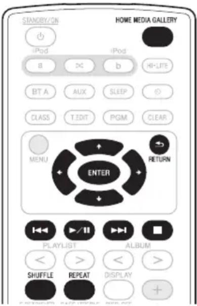STANLEY/ON HOME MEDIA GALLERY iPod 8 b Hi-Life BT A AUX SLEEP ○ CLASS T.EDIT PGM CLEAR MENU ENTER RETURN PLAYLIST ALBUM < > < > SHUFFLE REPEAT DISPLAY +