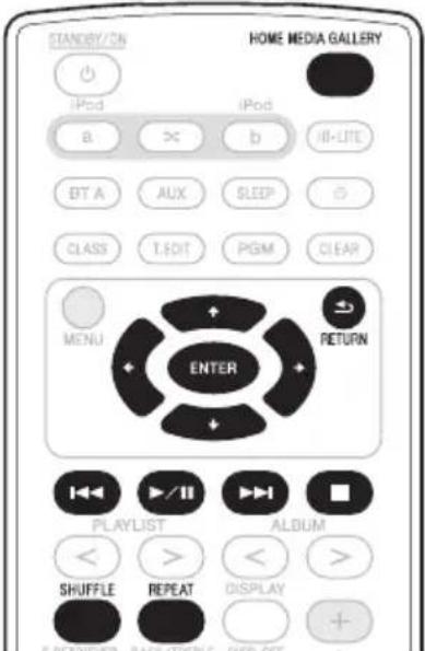 STANDARD HOME MEDIA GALLERY iPod iPod a b II-LITE BT A AUX SLEEP CLASS T.SDT PGM CLEAR MENU ENTER RETURN PLAYLIST ALBUM SHUFFLE REPEAT DISPLAY +