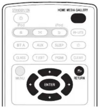 STANDAY/ON HOME MEDIA GALLERY iPod a b RI-LITE BT A AUX SLEEP ○ CLASS T.FDT PGM CLEAR MENU ENTER RETURN