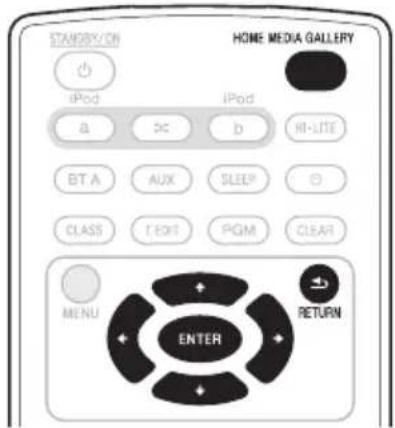 STANDARD HOME MEDIA GALLERY iPod a DC b HI-LITE BT A AUX SLEEP O CLASS TEXT PGM CLEAR MENU ENTER RETURN