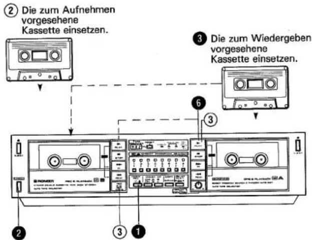 ② Die zum Aufnehmen vorgesehene Kassette einsetzen. ③ Die zum Wiedergeben vorgesehene Kassette einsetzen. ⑥ ① ② ③ ④