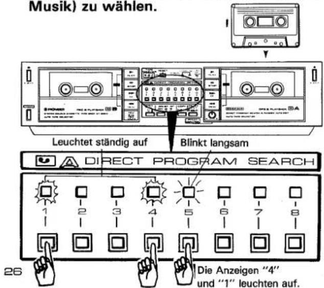 Musik) zu wählen. Leuchtet ständig auf Blinkt langsam DIRECT PROGRAM SEARCH 1 2 3 4 5 6 7 8 Die Anzeigen "4" und "1" leuchten auf. 26