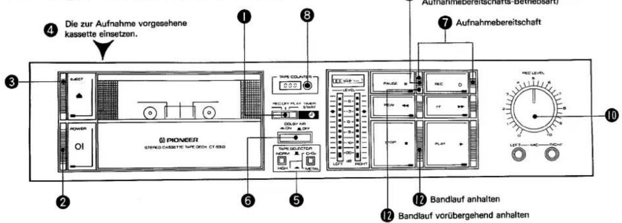 Die zur Aufnahme vorgesehene kassette einsetzen. PIONEER STEREO CASSETTE TYPE BOX CT-SSG TYPE COOUNTER RECOFF PLAY TIMER START DOLBY NR TYPE SELECTOR HOLD CHG HOLD HCC Aufnahmebereitschaft-Bethesart Aufnahmebereitschaft 12 Bandlauf anhalten Bandlauf vorübergehend anhalten