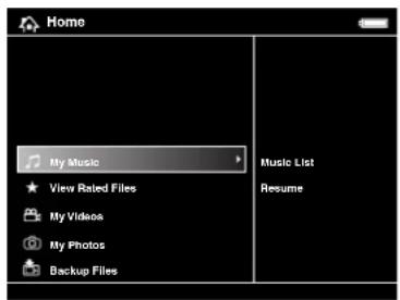 Home My Music View Rated Files My Videos My Photos Backup Files Music List Resume
