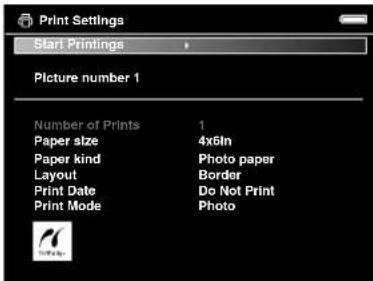 Print Settings Start Printings Picture number 1 Number of Prints 1 Paper size 4x6In Paper kind Photo paper Layout Border Print Date Do Not Print Print Mode Photo