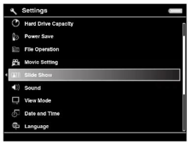 Settings Hard Drive Capacity Power Save File Operation Movie Setting Slide Show Sound View Mode Date and Time Language