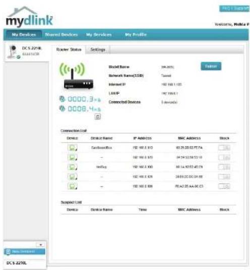 mydlink My Devices Shared Devices My Services My Profile DCS 22108 0000.3 0008.4 Router Status Settings Model Name: 194.0510 Network Name(USB) Tanned Internet IP: 192.168.1.135 USB IP: 197.159.6.1 Connected Devices 1 device(s) Connection List Device Device Name IP Address MRC Address Block TandouOffice 192.168.8.110 60.26.28.32.PTE F4 - 192.168.8.110 04.24.12.58.53.13 Hindia 192.168.8.100 60.14.40.52.40.CN - 192.168.8.101 28.69.20.CO.DA.05 - 192.168.8.101 70.A2.25.AA.BC.C3 Suspect List Device Device Name Time MRC Address Block DCS 22108