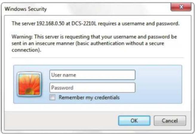 Windows Security The server 192.168.0.50 at DCS-2210L requires a username and password. Warning: This server is requesting that your username and password be sent in an insecure manner (basic authentication without a secure connection). User name Password Remember my credentials OK Cancel