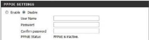 PPPOE SETTINGS Enable Double User Name Password Confirm password PPPOE Status PPPOE is inactive.
