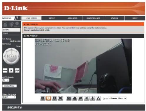 D-Link ANS-DWG LIVE VIDEO SETUP APRANCIS REINSTRANS STATUS HELP LIVE VIDEO The section shows your user's low prices. You can control your settings using the buttons below. Current resolution is 4KB / 1KB. LIVE VIDEO LIVE VIDEO: 01.165.06 01.165.06 GETS Command: Cancel Image English Security