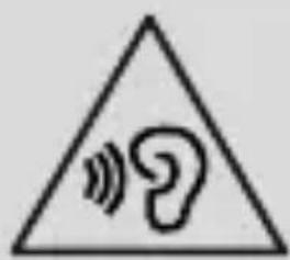 Warning symbol with a triangle containing a stylized ear and sound waves, commonly used to indicate sound or hearing.