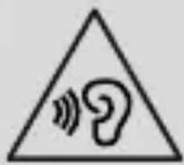 Warning symbol with a triangle containing a stylized 'e' and sound wave icon, indicating sound or hearing hazard.