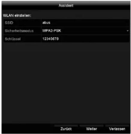 Assistant WLAN einstellen: SSID abus Sicherheitsmodus WPA2-PSK Schlüssel 12345678 Zurück Welter Verlassen
