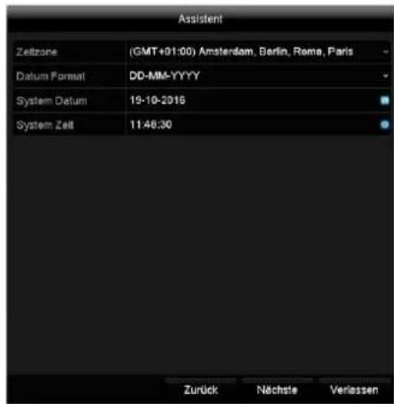 Assistent Zeitzone (GMT+01:00) Amsterdam, Berlin, Rome, Paris Datum Format DD-MM-YYYY System Datum 19-10-2016 System Zelt 11:46:30 Zurück Nächste Verlassen