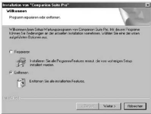 Installation von "Companion Suite Pro" Wilkommen Programm repatrien oder entformen. Wilkommen beim Setup-Wirkungsprogramm von Companion Suite Pro. Mit diesem Programm können Sie Änderungen an der aktuellen installation vornehmen. Wählen Sie eine der unten aufgeführten Optionen aus. Reprochen Installieren Sie alle ProgrammaFeatures einsat die vom vorherigen Setup installiert wurden. Entformen Entformen Sie alle installierten Features. Installed < Zürk Weler > Abbrechen