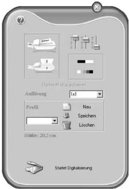 Duplex Modus aktivieren Auflösung 1x1 Profil Neu Speichern Löschen Bilhite: 20,3 cm Startet Digitalisierung