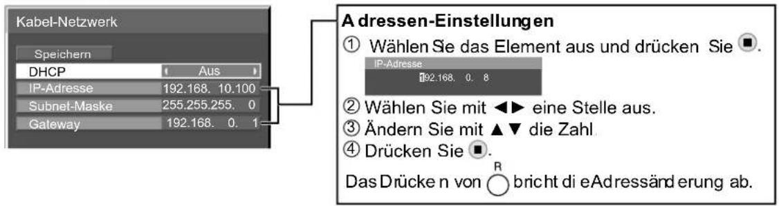 Kabel-Netzwerk Speichern DHCP Aus IP-Adresse 192.168. 10.100 Subnet-Maske 255.255.255. 0 Gateway 192.168. 0. 1 Adressen-Einstellungen ① Wählen Sie das Element aus und drücken Sie □. IP-Adresse 192.168. 0. 8 ② Wählen Sie mit ◀► eine Stelle aus. ③ Ändern Sie mit ▲▼ die Zahl ④ Drücken Sie □. Das Drücke n von ○ bricht di eAdressänderung ab.