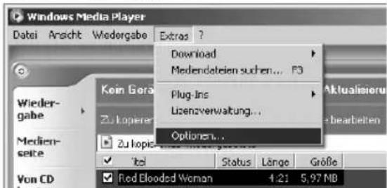 Windows Media Player Datai Ansicht Wedergabe Extros ? Download Medendateien suchen... F3 Plug-Ins Uzenzverwaltung... Optionen... Koin Gera Zu Kopierer Zu Kopierer Itel Status Länge Größe Aus CD Red Blooded Woman 4.21 5.97 NB