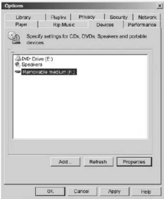 Options Library Plugins Privacy Security Network Player Rip Music Devices Performance Specify settings for CDs, DVDs, Speakers and portable devices. DVD- Drive (E.) Speakers Removable medium (E.) Add... Refresh Properties OK Cancel Apply Help