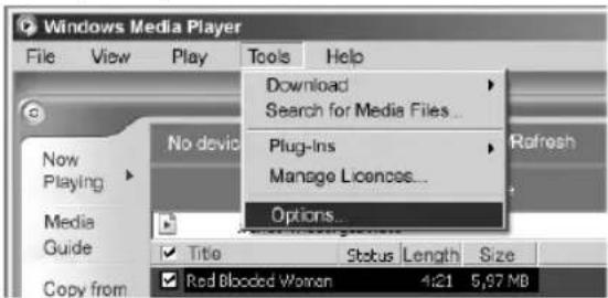 Windows Media Player File View Play Tools Help Download Search for Media Files... Plug-Ins Manage Licenses... Options... Now Playing Media Guide ✓ Title Status Length Size ✓ Red Blooded Women 4:21 5,97 MB