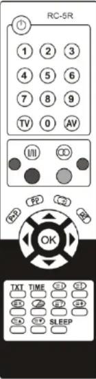 RC-5R 1 2 3 4 5 6 7 8 9 TV 0 AV VII PP C2 OK TXT TIME CS CT ST Z SP CT SP SLEEP C4