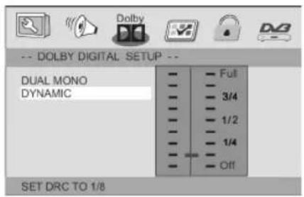 DOLBY DIGITAL SETUP DUAL MONO DYNAMIC Full 3/4 1/2 1/4 Off SET DRC TO 1/8