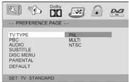 -- PREFERENCE PAGE -- TV TYPE PAL PBC MULTI AUDIO NTSC SUBTITLE DISC MENU PARENTAL DEFAULT SET TV STANDARD