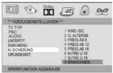 **VORZUGSEINSTELLUNGEN ** TV TYP PBC 1 KIND.-SIC. AUDIO 2 O. ALTERSB. UNTERTIT 3 FREIG AB 6 DISK-MENÜ 4 FREIG AB 12 KI.SICHERUNG 5 FREIG AB 16 GRUNDEINST. 6 N FREI U.16 7 N FREI U.18 8 ERWACHSEN SPERRFUNKTION AUSWÄHLEN