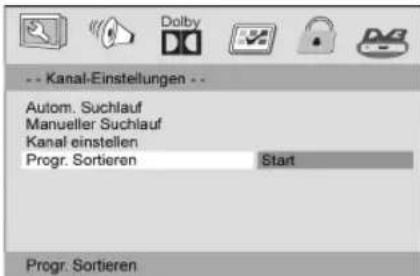 -- Kanal-Einstellungen -- Autom. Suchlauf Manueller Suchlauf Kanal einstellen Progr. Sortieren Start Progr. Sortieren
