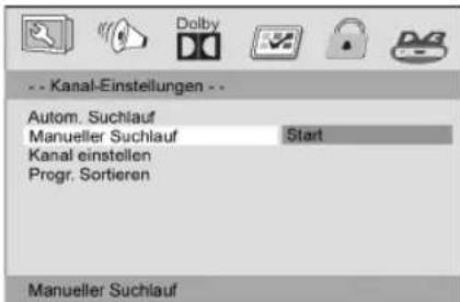 -- Kanal-Einstellungen -- Autom. Suchlauf Manueller Suchlauf Start Kanal einstellen Progr. Sortieren Manueller Suchlauf