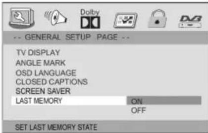 -- GENERAL SETUP PAGE -- TV DISPLAY ANGLE MARK OSD LANGUAGE CLOSED CAPTIONS SCREEN SAVER LAST MEMORY ON OFF SET LAST MEMORY STATE