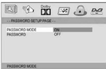 -- PASSWORD SETUP PAGE -- PASSWORD MODE ON PASSWORD OFF PASSWORD MODE