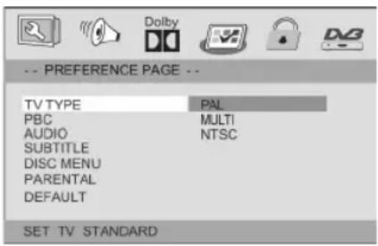 -- PREFERENCE PAGE -- TV TYPE PAL PBC MULTI AUDIO NTSC SUBTITLE DISC MENU PARENTAL DEFAULT SET TV STANDARD