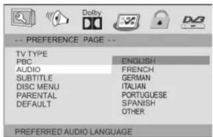 -- PREFERENCE PAGE -- TV TYPE PBC ENGLISH AUDIO FRENCH SUBTITLE GERMAN DISC MENU ITALIAN PARENTAL PORTUGUESE DEFAULT SPANISH POTHER PREFERRED AUDIO LANGUAGE