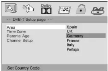 -- DVB-T Setup page -- Area Time Zone Parental Age Channel Setup Spain UK Germany France Italy Portugal Set Country Code