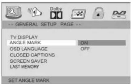 -- GENERAL SETUP PAGE -- TV DISPLAY ANGLE MARK ON OSD LANGUAGE OFF CLOSED CAPTIONS SCREEN SAVER LAST MEMORY SET ANGLE MARK